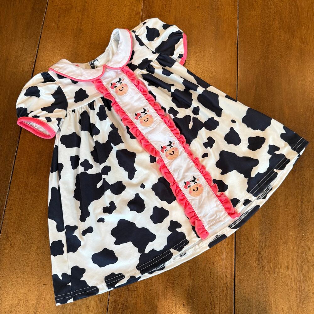 Kories Closet Cow Print Dress Spotted Embroidered Pink Ruffle Trim‎ Sz 12 18 Mos - Picture 3 of 11